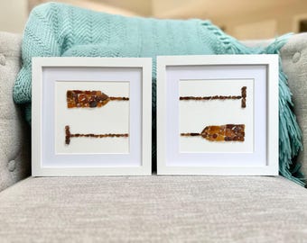 Handmade Sea Glass Oar Art – Framed Coastal Boat Oar Diptych, Nautical Wall Decor