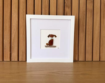Sea Glass Dog Art – Framed 8x8 Pet Lover Gift | Sea Glass Puppy with Faux Driftwood | Dog Wall Decor | Coastal Dog Mom Gift