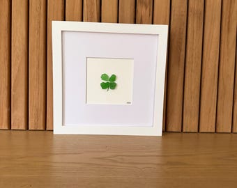 Sea Glass Four Leaf Clover | St Patrick’s Decor | Lucky Clover Sea Glass Frame | Hostess Gift | Coastal Sea Glass Art | 8x8 Framed Artwork