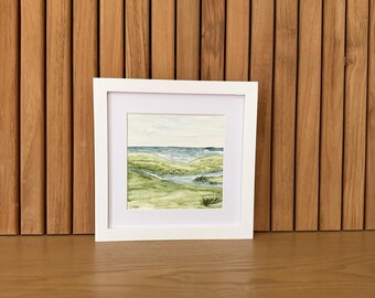 Coastal Marsh Watercolor Painting – Original Framed Landscape Art – Soft Green and Blue Wall Decor