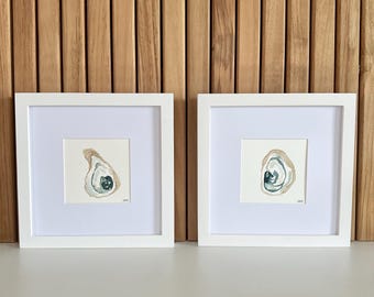 Framed Oyster Shell Watercolor Art – Set of 2 Coastal Paintings, 8x8 Beach House Wall Decor