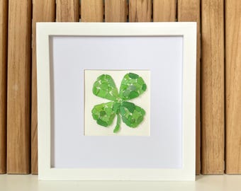 Framed Sea Glass Four Leaf Clover Art – Coastal Wall Decor, Lucky Charm Gift, Beach House Artwork