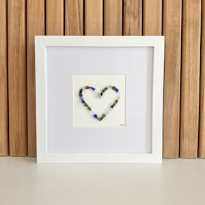 Framed Sea Glass Heart Art | 8x8 White Frame | Genuine Sea Glass Coastal Decor | Beach House Gift | Nautical Wall Art | Ocean-Inspired Gift