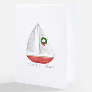 Seas & Greetings Coastal Holiday Cards – Watercolor Sailboat Notecards, Set of 10 Christmas Stationery