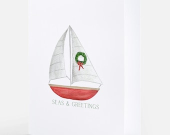 Seas & Greetings Coastal Holiday Cards – Watercolor Sailboat Notecards, Set of 10 Christmas Stationery