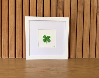 Sea Glass Four Leaf Clover | St Patrick’s Decor | Lucky Clover Sea Glass Frame | Hostess Gift | Coastal Sea Glass Art | 8x8 Framed Artwork