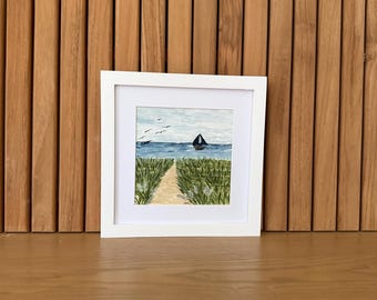 Original Coastal Watercolor Painting – Framed Nautical Wall Art, Beach House Decor 8x8