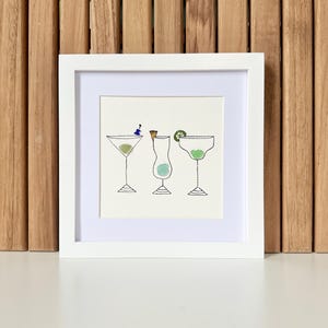 Sea Glass Cocktail Art – Framed 8x8 Handmade Art – Bar Cart Decor, Bar Nook Artwork, Unique Hostess Gift