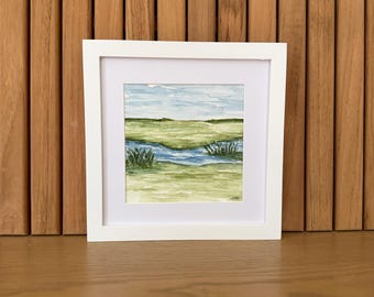 Coastal Marsh Watercolor Painting – Original Framed Landscape Art – Soft Green and Blue Wall Decor