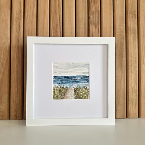Framed Beach Path Watercolor Print – 8x8 Coastal Wall Art, Seaside Landscape, Nautical Home Decor