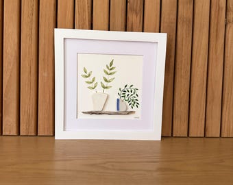 Botanical Watercolor Art with Sea Glass  – 8x8 Framed, Boho Chic Home Wall Decor