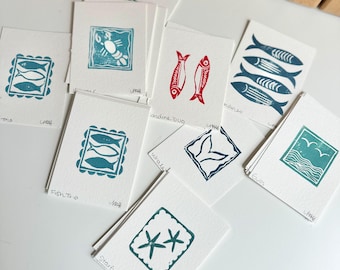 Hand Stamped Coastal Block Prints | 3x4 Original Art | Nautical Mini Prints | Fish, Lobster, Starfish, Seagulls | Coastal Wall Decor