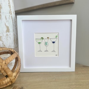 Sea Glass Cocktail Art – Framed 8x8 Handmade Art – Bar Cart Decor, Bar Nook Artwork, Unique Hostess Gift
