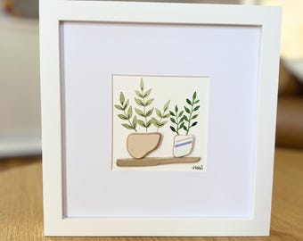 Botanical Watercolor Art with Sea-Tumbled Pottery – 8x8 Framed, Boho Chic Home Wall Decor