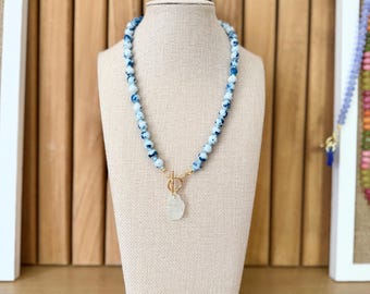 Nantasket Collection Sea Glass Necklace, Blue & White Beaded Necklace, Nantasket Beach Jewelry, Coastal Necklace, Sea Glass Jewelry