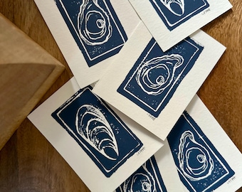 Handmade Coastal Block Print | Oyster or Mussel Shell Art | Navy Blue Linocut Print on 3x4 Paper | Nautical Wall Decor | Beach House Gift