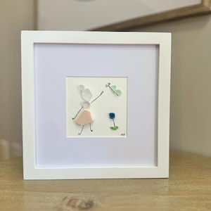 Framed Sea Glass & Sea Pottery Art | 8x8 White Frame | Whimsical Girl with Butterfly | Coastal-Inspired Home Décor | Unique Handmade Gift
