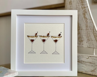 Espresso Martini Sea Glass Art – 8x8 Framed Coastal Bar Cart Decor, Handmade Artwork