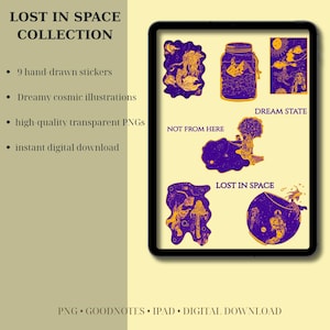 Perdu dans l'espace Dream State Edition | 9 autocollants PNG espace dessinés à la main | Stickers numériques rêveurs | Autocollants GoodNotes et iPad