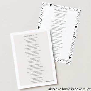 Puede incluir: Dos tarjetas imprimibles con el texto "Gracias, Mam&aacute;" y un poema que expresa gratitud por una madre. Las tarjetas est&aacute;n impresas en papel blanco con un borde de corazones negros y blancos en una tarjeta y un fondo blanco liso en la otra.
