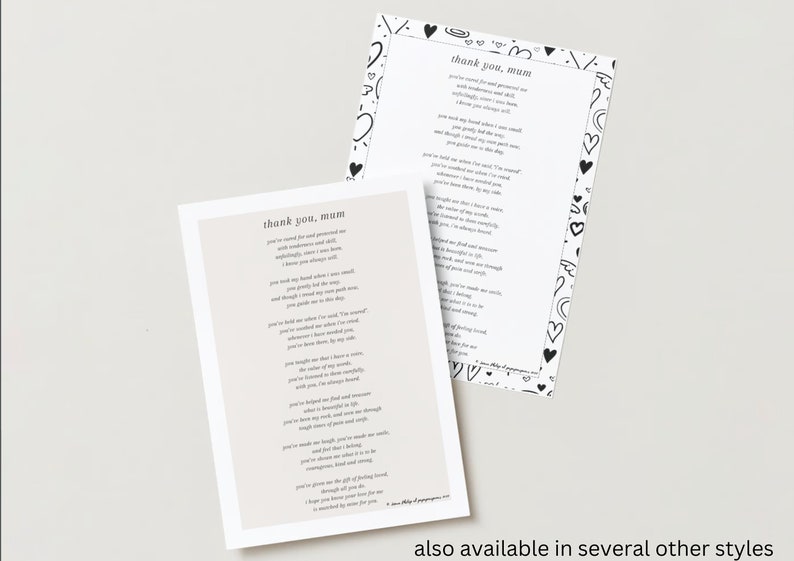 Puede incluir: Dos tarjetas imprimibles con el texto "Gracias, Mam&aacute;" y un poema que expresa gratitud por una madre. Las tarjetas est&aacute;n impresas en papel blanco con un borde de corazones negros y blancos en una tarjeta y un fondo blanco liso en la otra.