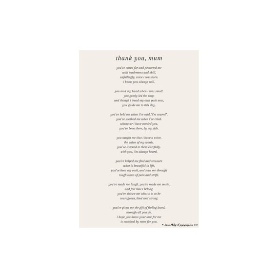 Thank You, Mum/Mom original poem print A4 & A3 (INSTANT digital download) SAND