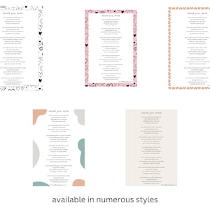 Puede incluir: Cinco dise&ntilde;os imprimibles para una tarjeta del D&iacute;a de la Madre con un poema que dice "Gracias, mam&aacute;". Los dise&ntilde;os incluyen corazones negros y blancos, corazones rosas, corazones melocot&oacute;n, formas abstractas en melocot&oacute;n, gris y azul verdoso, y un fondo beige simple.