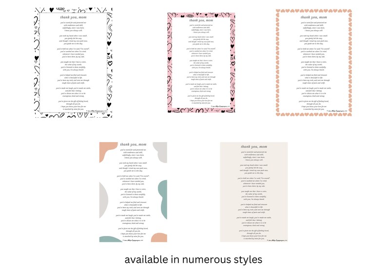 Puede incluir: Cinco dise&ntilde;os imprimibles para una tarjeta del D&iacute;a de la Madre con un poema que dice "Gracias, mam&aacute;". Los dise&ntilde;os incluyen corazones negros y blancos, corazones rosas, corazones melocot&oacute;n, formas abstractas en melocot&oacute;n, gris y azul verdoso, y un fondo beige simple.