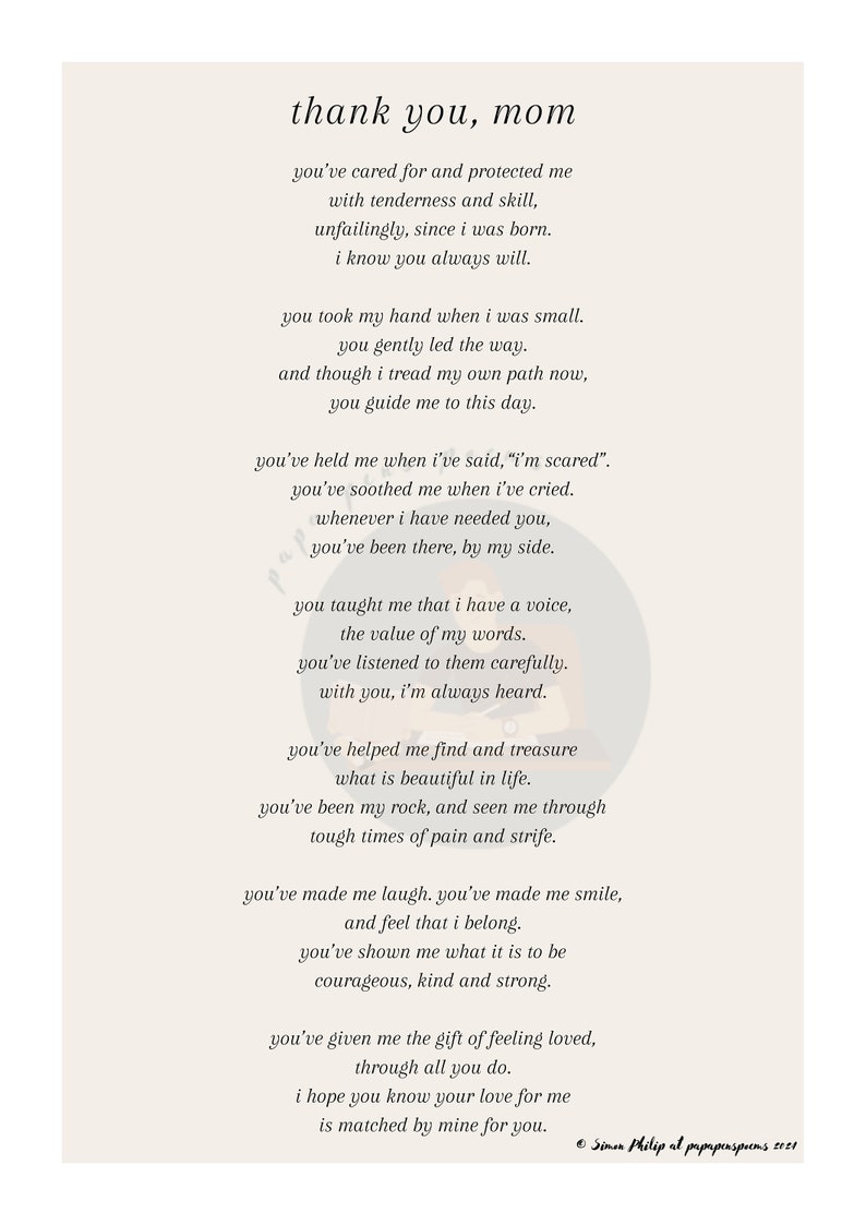 Puede incluir: Una imagen en blanco y negro con un poema que expresa gratitud a una madre. El poema dice "gracias, mam&aacute;" e incluye frases como "me has cuidado y protegido", "me has consolado cuando he llorado" y "me has dado el regalo de sentirme amado".