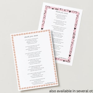 Puede incluir: Dos tarjetas imprimibles con un borde de coraz&oacute;n y un poema que dice "Gracias, Mam&aacute;". El poema expresa gratitud por el amor y el apoyo de una madre. Las tarjetas est&aacute;n disponibles en varios otros estilos.