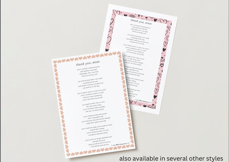 Puede incluir: Dos tarjetas imprimibles con un borde de coraz&oacute;n y un poema que dice "Gracias, Mam&aacute;". El poema expresa gratitud por el amor y el apoyo de una madre. Las tarjetas est&aacute;n disponibles en varios otros estilos.