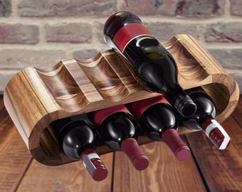 Rustic wooden countertop wine rack, Handmade wood wine storage organizer, Compact wood countertop wine rack, Wooden wine storage rack