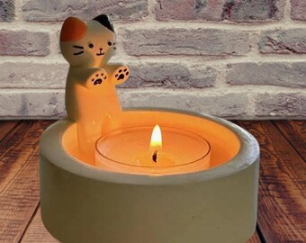 Cute cat design candle holder for desk, Cat lover home office decor, Artistic kitten candle holder home decor, Cat lover desk decoration