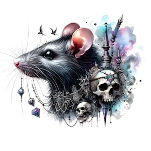 14 Aquarell Gothic Ratte Clipart JPG-Dateien, Geist Tier Tattoo-Design, Natur Wildtiere Wandkunst, druckbare digitaler Download, 300 DPI-Bild