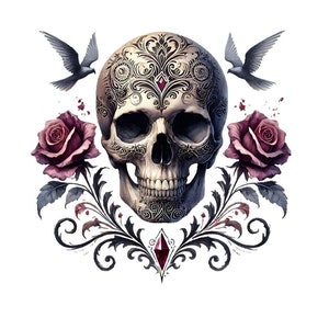 14 Aquarelle gothique tête de mort et Rose Fantasy Clipart JPG, graphique effrayant, art mural floral, sublimation de tshirt, téléchargement numérique imprimable