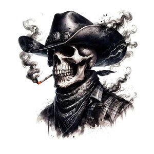 14 aquarelle gothique squelettique Cowboy Fantasy Clipart JPG, tête de mort graphique, art pariétal occidental, sublimation de tshirt, téléchargement numérique imprimable
