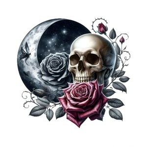 14 Aquarelle gothique tête de mort et Rose Fantasy Clipart JPG, graphique effrayant, art mural floral, sublimation de tshirt, téléchargement numérique imprimable