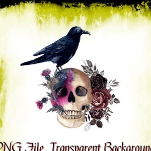 Fichier PNG corbeau et tête de mort de style gothique, texturé Grunge Clipart Illustration, sublimation d'oeuvres d'art créatives, Image imprimable en téléchargement numérique