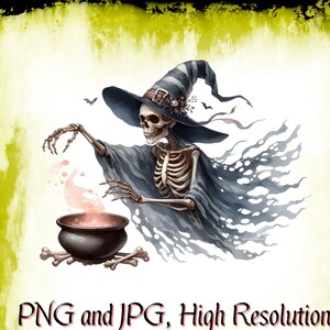 Sorcière squelettique et chaudron aquarelle Style gothique fichier PNG, Clipart graphique, Logo en sublimation Halloween Tshirt, téléchargement numérique imprimable