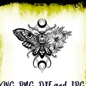 Gothic Style Death Moth SVG-Datei, Florale Schädel Grafik, Clipart Vektor Silhouette, mystische Sublimation, digitaler Download, plus PNG DXF Jpg
