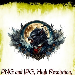 Loup-garou de Style gothique aquarelle et fichier PNG de la lune, pierre tombale Clipart graphique, Halloween T shirt Sublimation logo téléchargement numérique imprimable