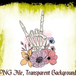 Mão de esqueleto de estilo gótico eu te amo símbolo com flores arquivo PNG, gráfico de clipart, sublimação de ossos de dedo, download digital para impressão