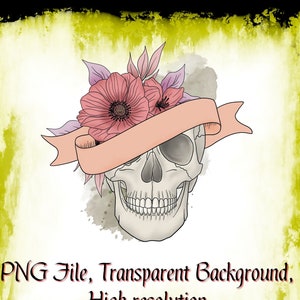 Fichier PNG tête de mort floral aquarelle style gothique, Clipart graphique, sublimation de squelette artistique, téléchargement numérique imprimable, Sticker Pic