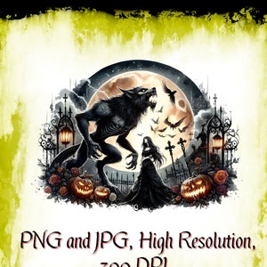 Femme et loup-garou aquarelle Style gothique fichier PNG, pierre tombale Clipart graphique, Halloween Tshirt Sublimation Logo téléchargement numérique imprimable