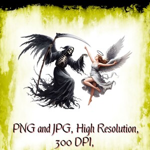 La Faucheuse danse de style gothique aquarelle avec ange squelettique fichier PNG, Clipart graphique, logo en sublimation sombre, téléchargement numérique imprimable