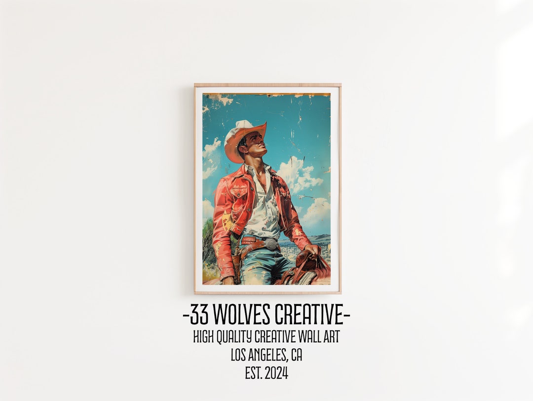 Cowboy Vintage Art Mid Century Horse Artwork for Modern Home Ranch Wall