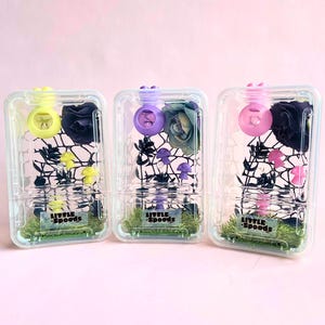 Puede incluir: Tres recintos rectangulares transparentes etiquetados como Little Spoods, cada uno con una pequeña flor artificial, red de encaje negro, césped artificial verde y diminutas figuras de hongos en amarillo, morado y rosa, con escondites esféricos a juego.