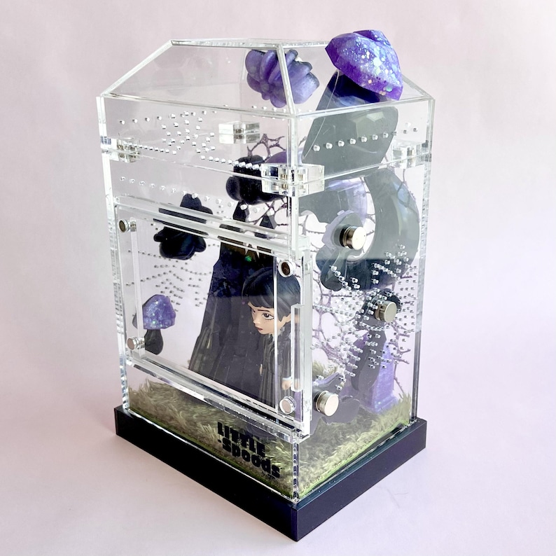 Side view of handmade gothic jumping spider enclosure with magnetic decorations and acrylic habitat.