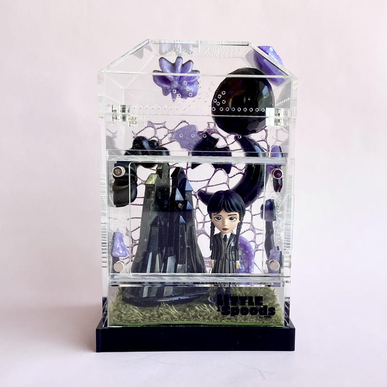 Decorated gothic jumping spider enclosure with Wednesday Addams theme, handmade magnetic spider habitat by Little Spoods.