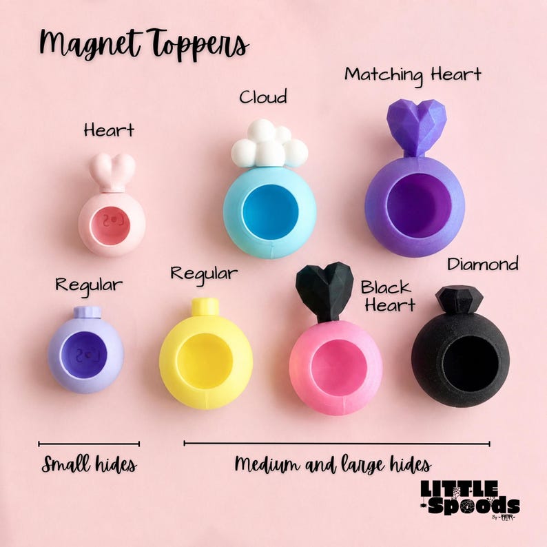 Magnetic jumping spider hide magnet shape options including heart cloud diamond and regular magnets, in pastel pink background